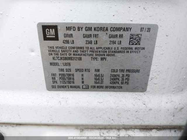 KL7CJKSB6MB312108 Chevrolet Trax Fwd Ls