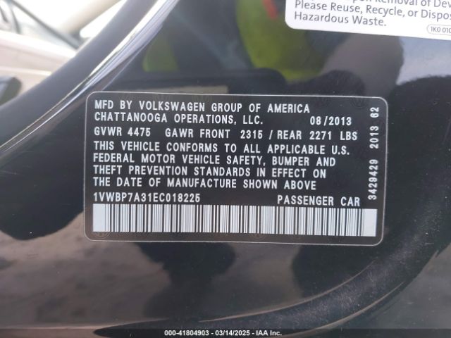 1VWBP7A31EC018225 Volkswagen Passat 2.5l Se