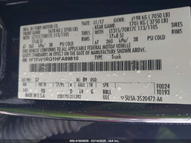 1FTFW1RG1HFA99810 Ford F-150 Raptor