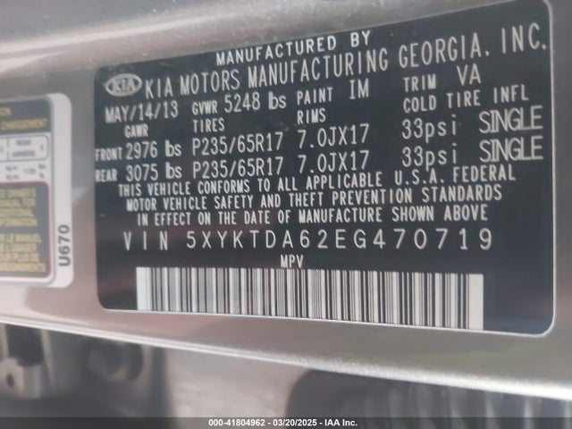 5XYKTDA62EG470719 KIA SORENTO LX