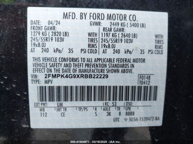 2FMPK4G9XRBB22229 Ford EDGE SE