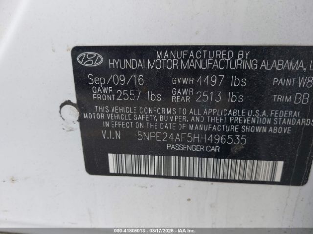 5NPE24AF5HH496535 Hyundai SONATA SE