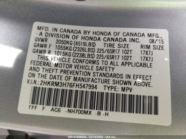 2HKRM3H76FH547994 Honda Cr-v Ex-l