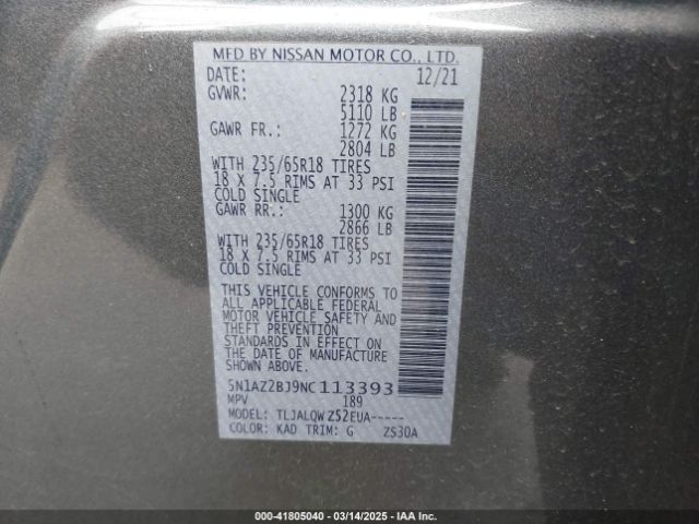 5N1AZ2BJ9NC113393 Nissan Murano Sv Fwd