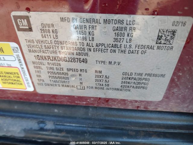 1GNKRJKD6GJ287649 Chevrolet Traverse Ltz
