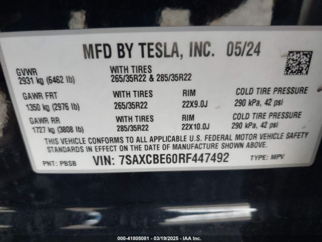 7SAXCBE60RF447492 Tesla Model X Plaid Tri Motor All-wheel Drive