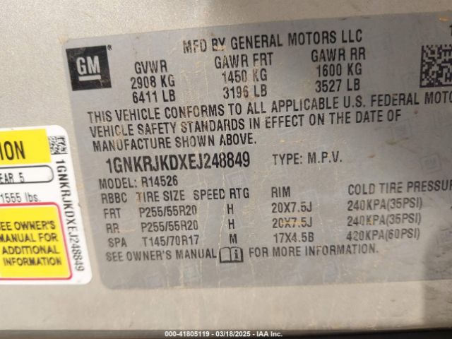 1GNKRJKDXEJ248849 Chevrolet Traverse Ltz