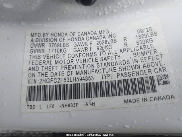 Honda Civic Lx 2020 2HGFC2F63LH594853 Image 9