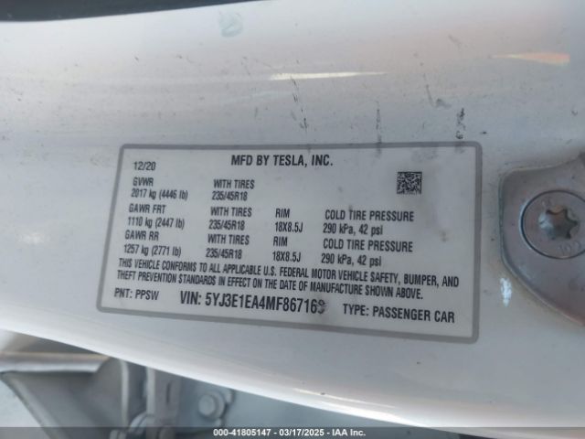 2021 TESLA MODEL 3 5YJ3E1EA4MF867169 Photo 8