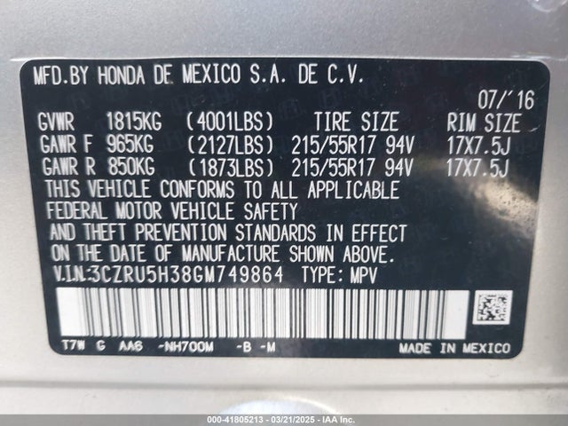 3CZRU5H38GM749864 Honda HR-V LX