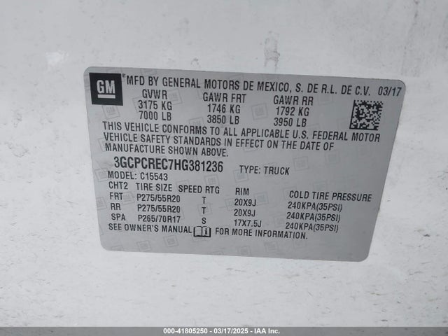 3GCPCREC7HG381236 Chevrolet Silverado 1500 1lt