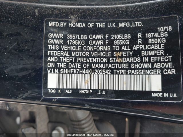 SHHFK7H44KU202542 Honda Civic Sport