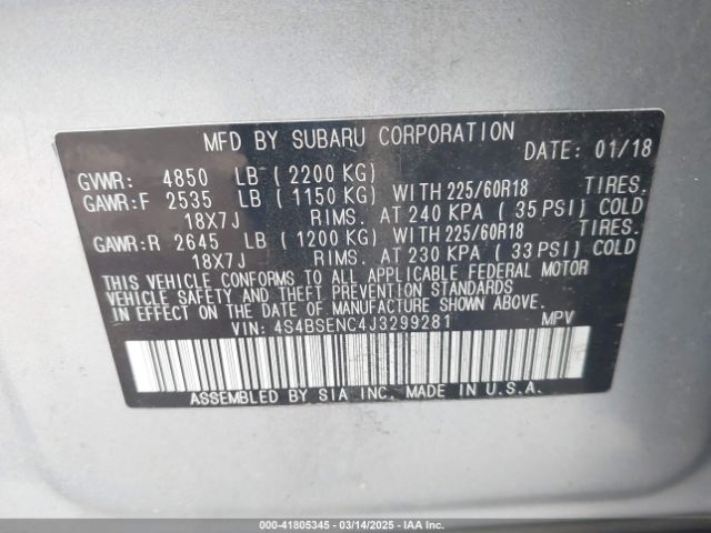 2018 SUBARU OUTBACK 4S4BSENC4J3299281 Photo 8