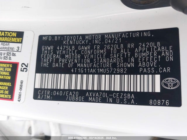 4T1G11AK1MU572982 Toyota CAMRY SE