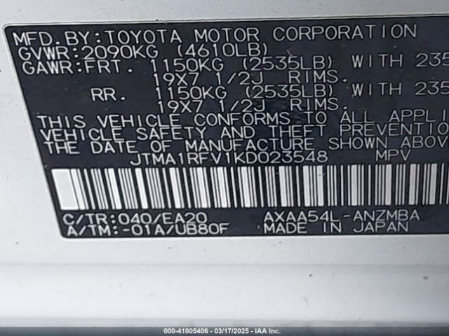 JTMA1RFV1KD023548 Toyota Rav4 Xle Premium