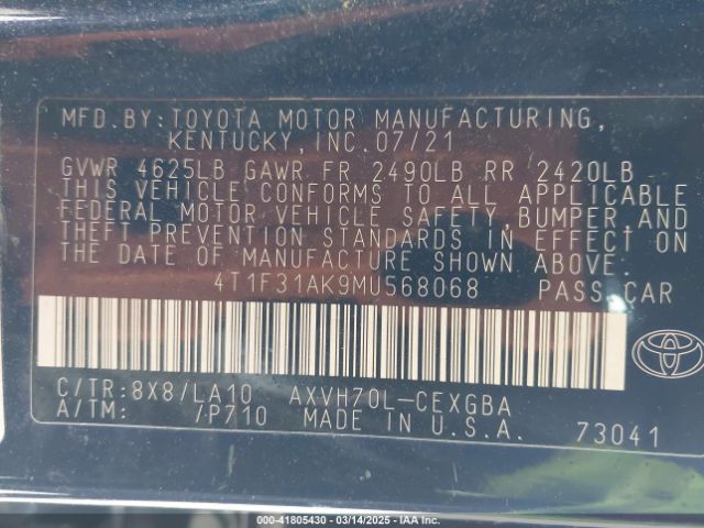 4T1F31AK9MU568068 Toyota Camry Xle Hybrid