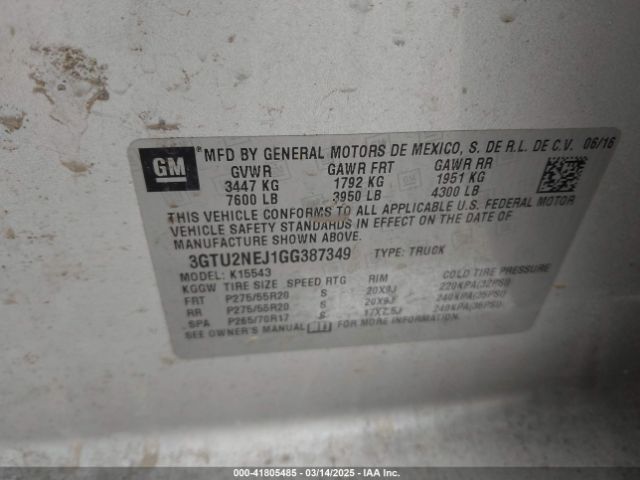 3GTU2NEJ1GG387349 GMC Sierra 1500 Slt