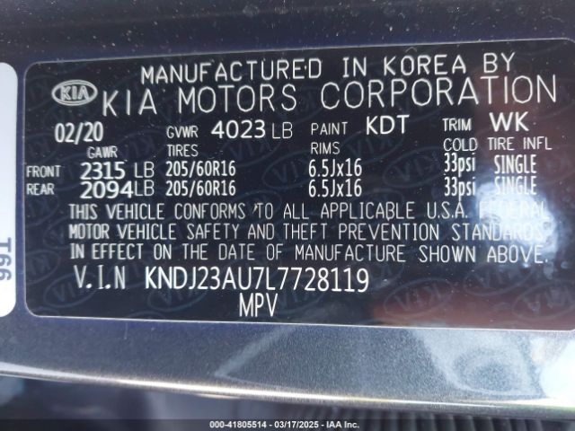 KNDJ23AU7L7728119 KIA SOUL LX