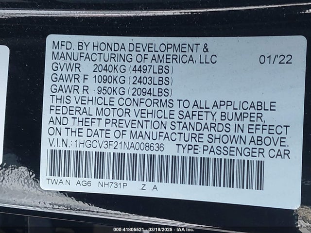 1HGCV3F21NA008636 Honda Accord Hybrid Sport