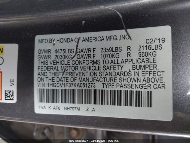 1HGCV1F37KA051273 Honda Accord Sport