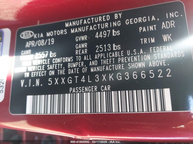 5XXGT4L3XKG366522 KIA Optima S