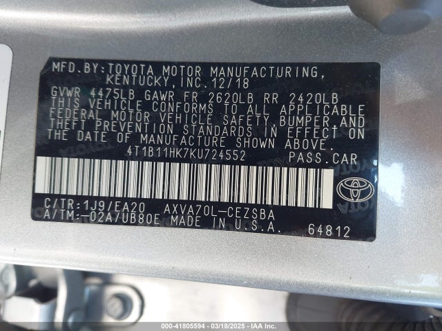 4T1B11HK7KU724552 Toyota CAMRY SE