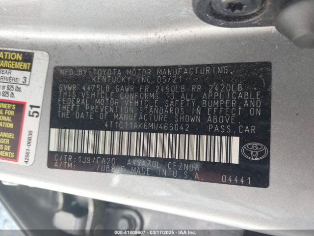 4T1C11AK6MU466042 Toyota CAMRY LE