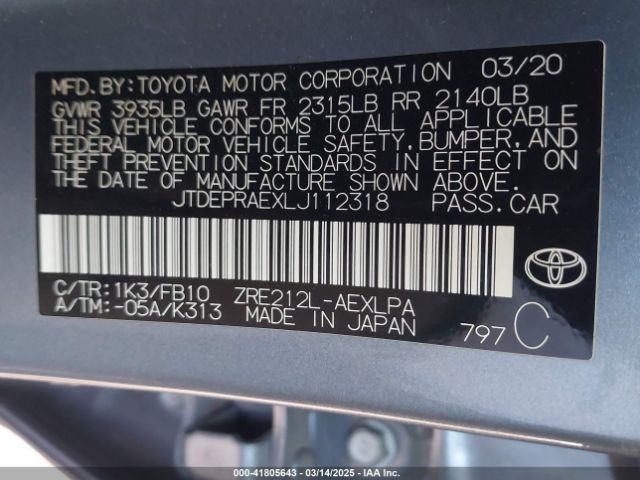 JTDEPRAEXLJ112318 Toyota COROLLA LE