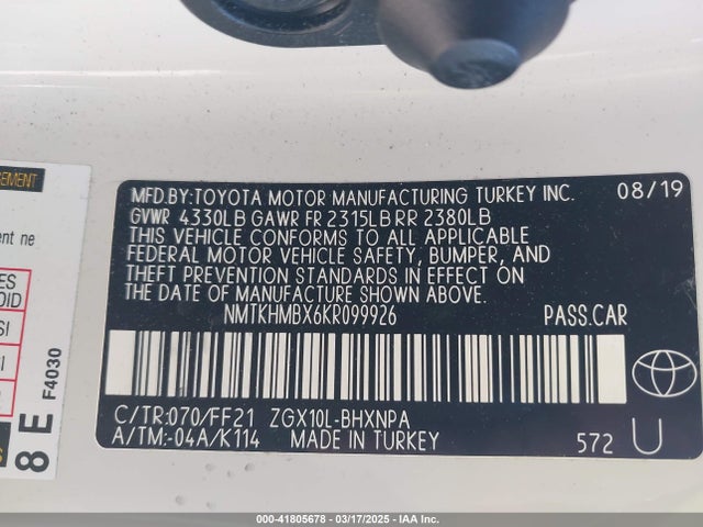 NMTKHMBX6KR099926 Toyota 3zr-fae
