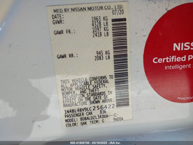 1N4BL4BV9LC256422 Nissan Altima S Fwd