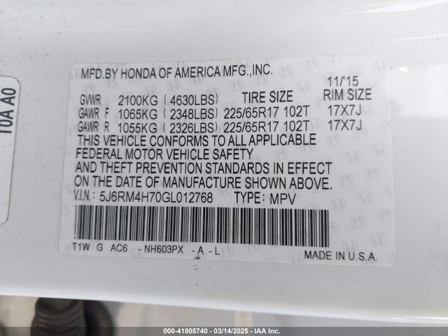 Honda Cr-v Ex-l 2016 5J6RM4H70GL012768 Image 9