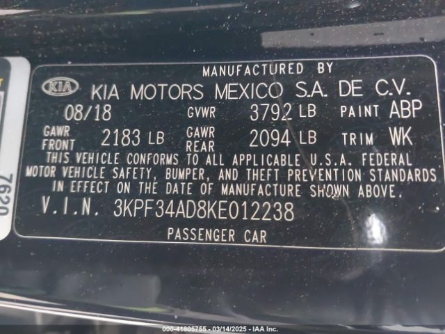 3KPF34AD8KE012238 KIA FORTE S