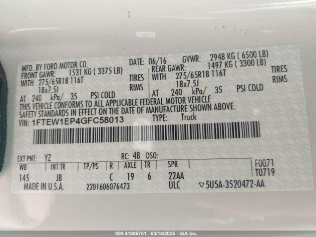 1FTEW1EP4GFC58013 Ford F-150 Xlt