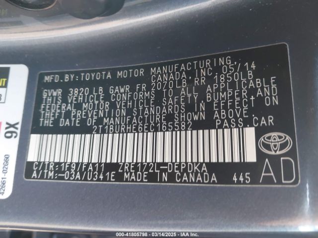 2T1BURHE6EC165582 Toyota COROLLA L