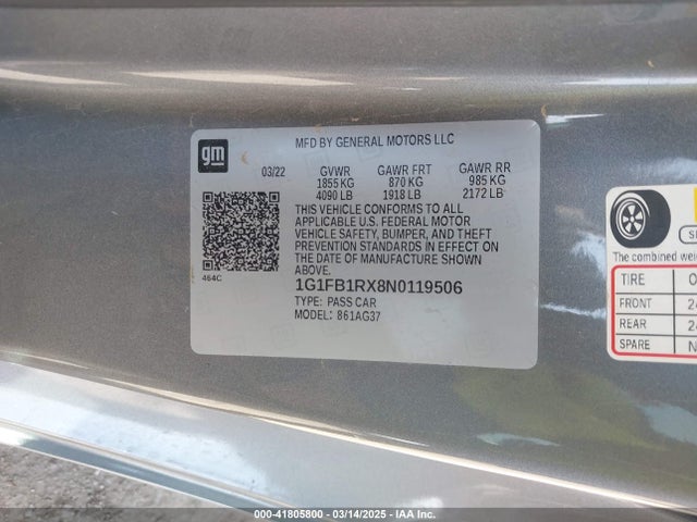 1G1FB1RX8N0119506 Chevrolet Camaro Rwd  1lt