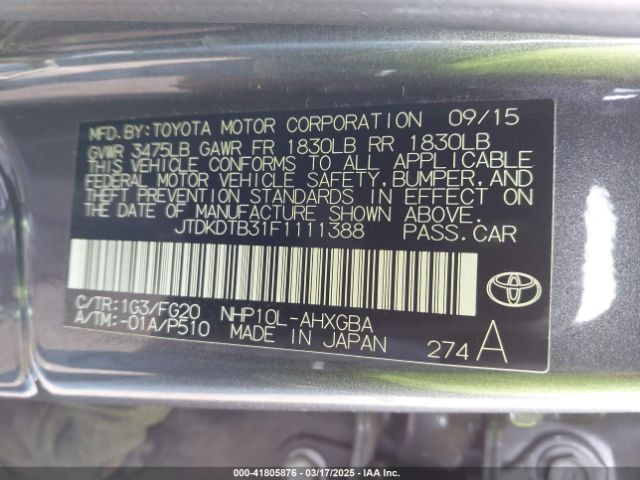 JTDKDTB31F1111388 Toyota Prius C Three