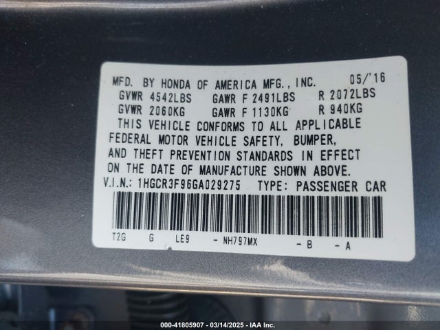 1HGCR3F96GA029275 Honda Accord Touring