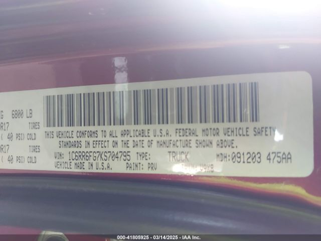 1C6RR6FG7KS704795 RAM 1500 Classic Tradesman  4x2 6'4 Box