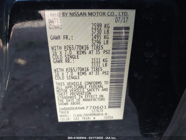 1N6DD0ER4HN770601 Nissan Frontier Sv