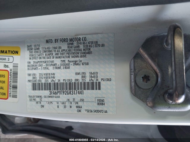 Ford FUSION SE 2016 3FA6P0T92GR317441 Image 9