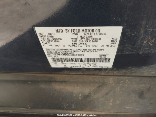 1FM5K7D8XHGA75280 Ford EXPLORER XLT