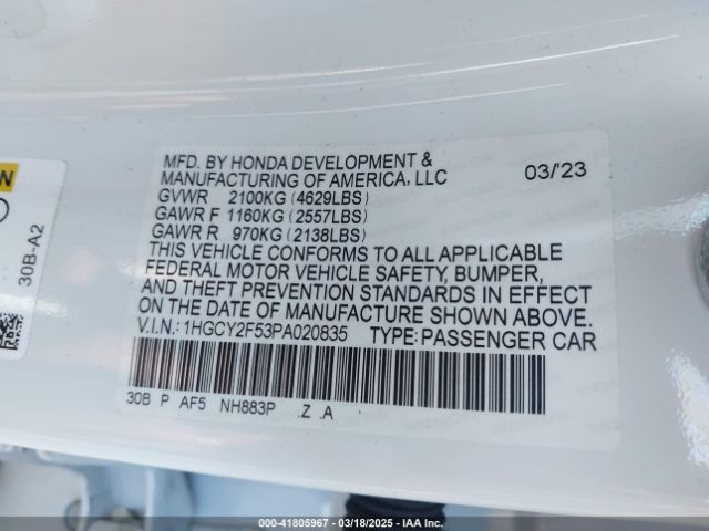 1HGCY2F53PA020835 Honda Accord Hybrid Sport