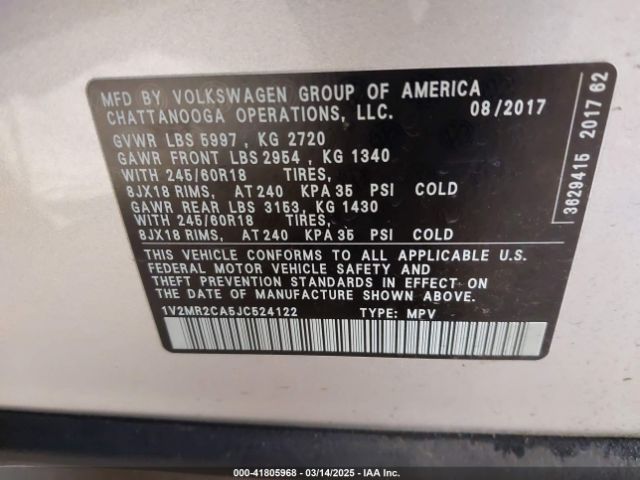 1V2MR2CA5JC524122 Volkswagen Atlas 3.6l V6 Sel