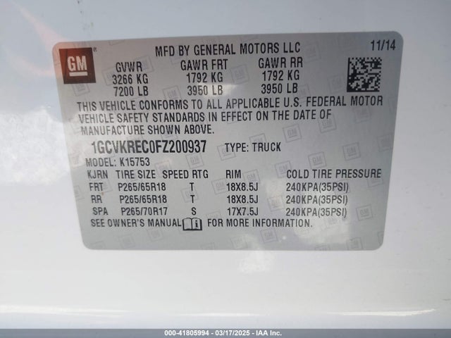 1GCVKREC0FZ200937 Chevrolet Silverado 1500 1lt