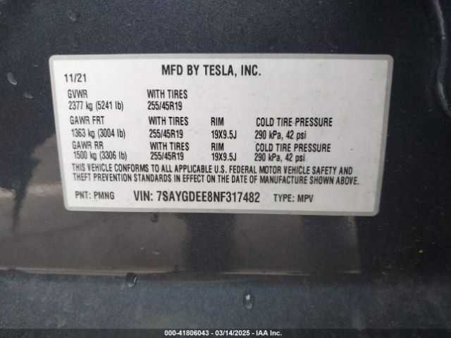 7SAYGDEE8NF317482 Tesla Model Y Long Range Dual Motor All-wheel Drive