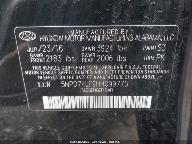 Hyundai ELANTRA SE 2017 5NPD74LF9HH099775 Image 9