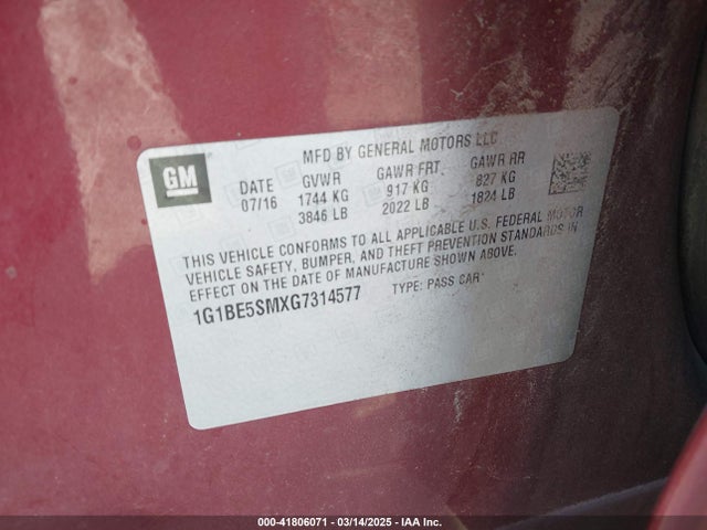 1G1BE5SMXG7314577 Chevrolet Cruze Lt Auto