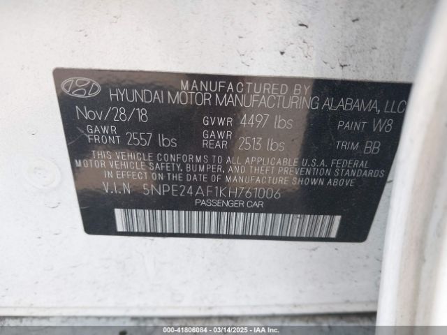 5NPE24AF1KH761006 Hyundai SONATA SE