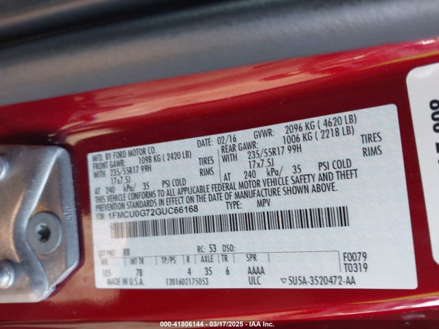 1FMCU0G72GUC66168 Ford ESCAPE SE
