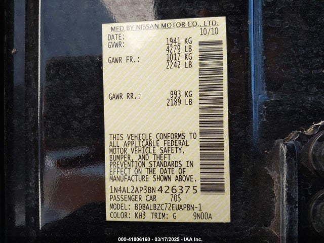Продажа на аукционе авто 2011 Nissan Altima 2.5 S, vin: 1N4AL2AP3BN426375, номер лота: 41806160